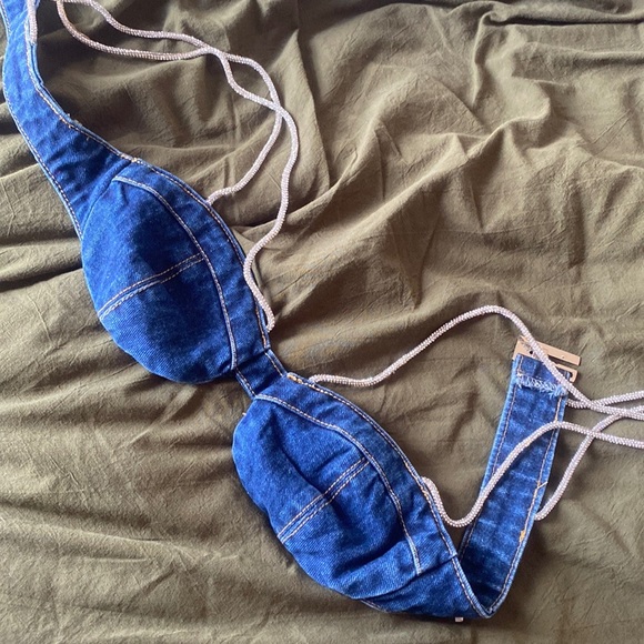 DARK BLUE WASH DIAMANTÉ STRAP DENIM BRALETTE - Picture 4 of 4
